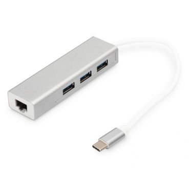 DIGITUS USB 3.0 Typ C 3-Port Hub mit Gigabit Ethernet Adapter, 3x USB 3.0 Type-A, 1x RJ45 LAN, Silber
