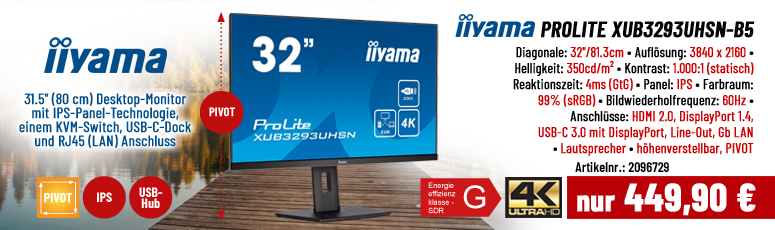 iiyama ProLite XUB3293UHSN-B5 LED-Monitor - Pivot - 81.3 cm (32") 4K - IPS - 350 cd/m² - 4 ms - HDMI, DP, USB-C, RJ45(LAN) - Lautsprecher - USB3.0-Hub