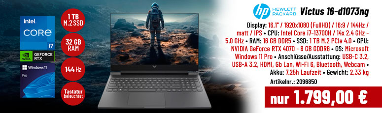 HP Victus Laptop 16-d1073ng - Intel Core i7 13700H - Win 11 Pro - GeForce RTX 4070 - 32 GB RAM - 1 TB SSD NVMe - 40.9 cm (16.1") IPS Full HD 144 Hz