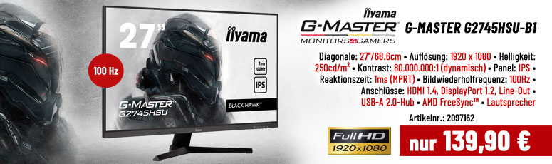 iiyama G-MASTER G2745HSU-B1 - LED-Monitor - 68.6 cm (27") Full HD - IPS - 100 Hz - 250 cd/m² - 1 ms - HDMI - DP - USB-Hub - Lautsprecher