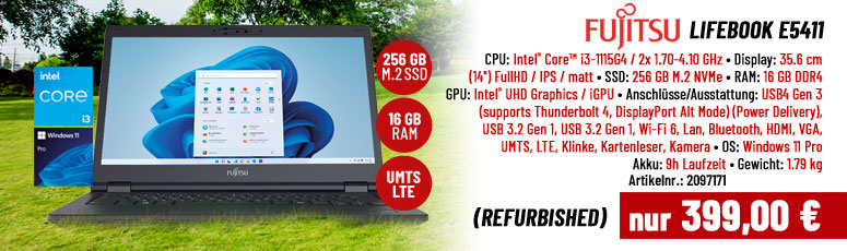 Fujitsu LIFEBOOK E5411 - 35.6 cm (14") Full HD - IPS - Intel i3 1115G4 / 3 GHz - Win11 Pro - 16 GB RAM - 256 GB SSD NVMe - (Refurbished) RESTGARANTIE
