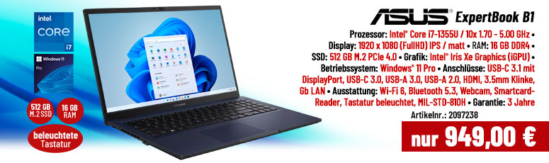 ASUS ExpertBook B1- 39.6 cm (15.6") Full HD IPS - Intel Core i7 1355U - 16 GB RAM - 512 GB SSD NVMe - Wi-Fi 6, Bluetooth - Win 11 Pro