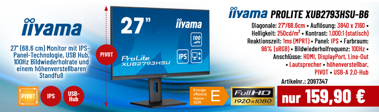 iiyama ProLite XUB2793HSU-B6 - LED-Monitor - 68.6cm (27") Full HD - 100 Hz - IPS - 1ms - PIVOT - HDMI - DisplayPort - Lautsprecher - USB-Hub