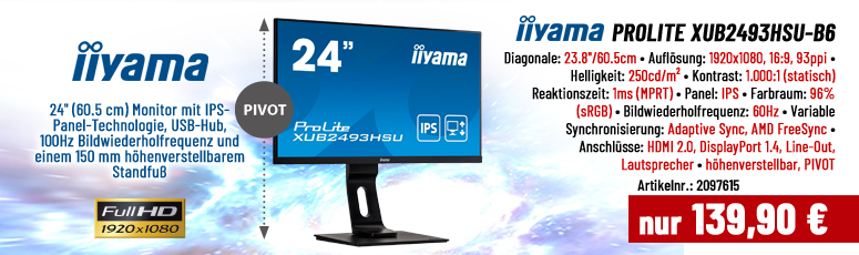 iiyama ProLite XUB2493HSU-B6 - LED-Monitor - 61 cm (24") - 1920 x 1080 Full HD (1080p) @ 100Hz - IPS - 250 cd/m² - 1000:1 - 1ms - Pivot