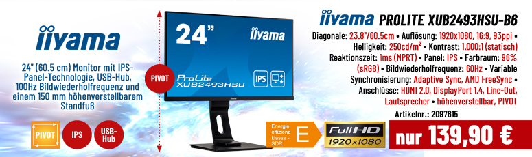 iiyama ProLite XUB2493HSU-B6 - LED-Monitor - 61 cm (24") - 1920 x 1080 Full HD (1080p) @ 100Hz - IPS - 250 cd/m² - 1000:1 - 1ms - Pivot