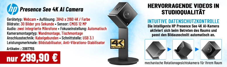 HP Presence See 4K AI Camera - Webcam - Farbe - 4K - 12 MP - 3840 x 2160 - Ai - Stabilisator - Audio - USB 3.1