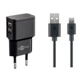 Goobay - USB-C-Dual-Ladeset - Netzteil (mit 2x USB-A Buchse) + USB-A auf USB-C Kabel (1m) - 12 Watt - 2.4 A - schwarz